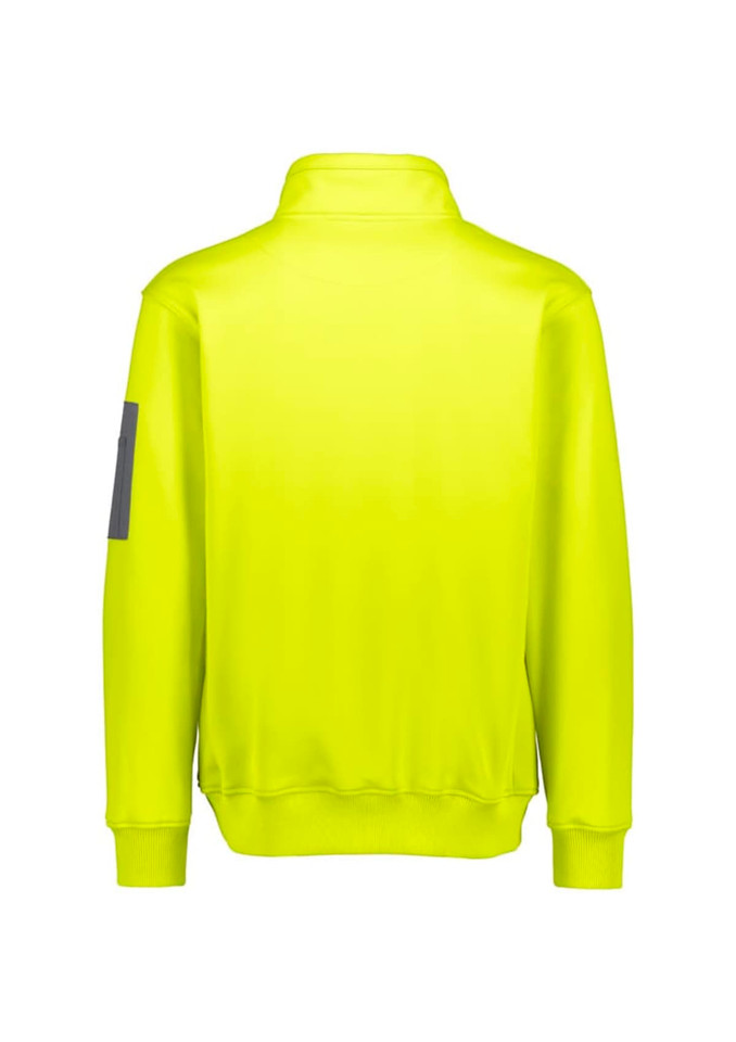 A bright yellow unisex water-resistant 1/4 zip pullover with a logo on the sleeve.