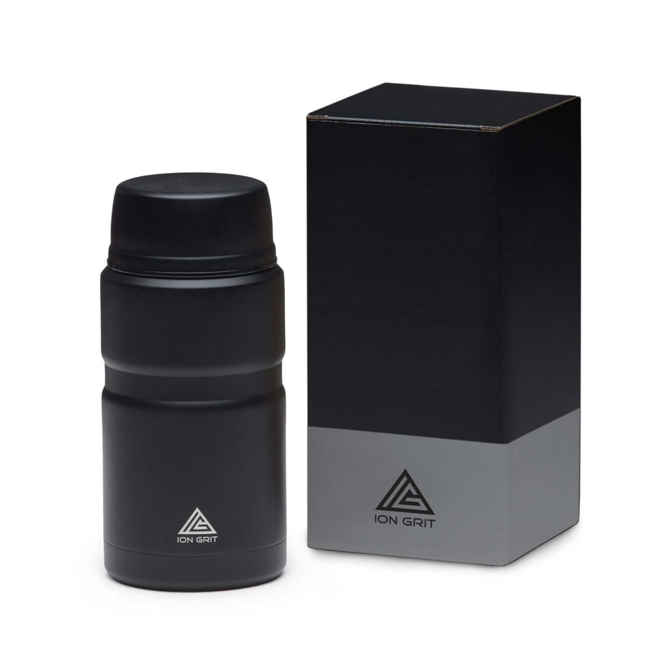 A black food jar with a lid, displayed next to a black packaging box featuring a logo.