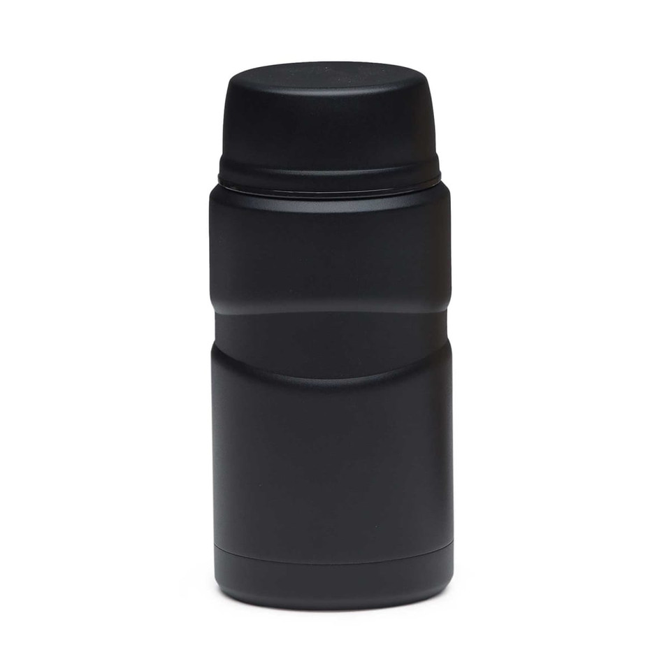 A black 750ml food jar with a sleek design and a secure lid. It has a logo on the surface.