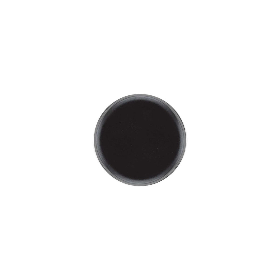 A food jar with a sleek black design and a round, smooth top. It has branding on the surface.