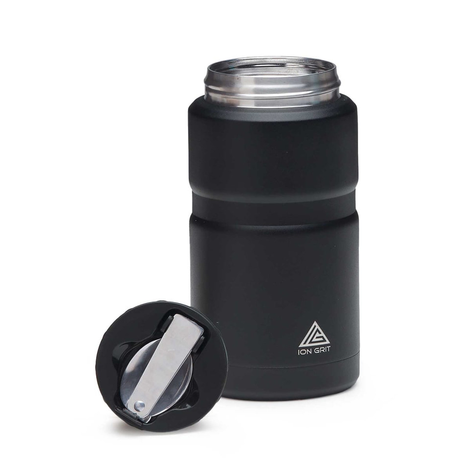A food jar in matte black with a silver lid and a removable opening mechanism, featuring a logo.