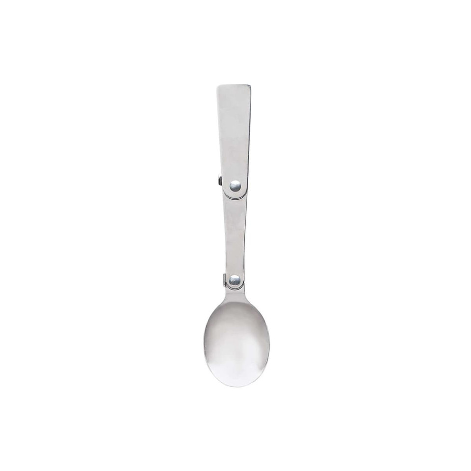 A stainless steel spoon with a sleek design and a clip for easy storage. Features a shiny finish.