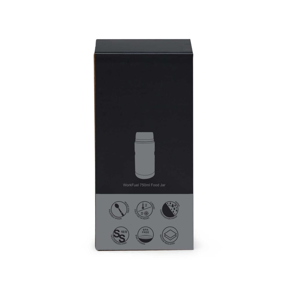 A food jar in a sleek black box, featuring a logo and various icons on the packaging.