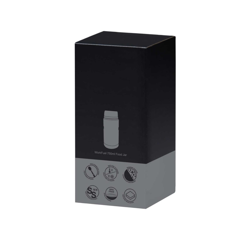 A black box featuring a 750ml food jar design, with icons on the lower section and a logo.