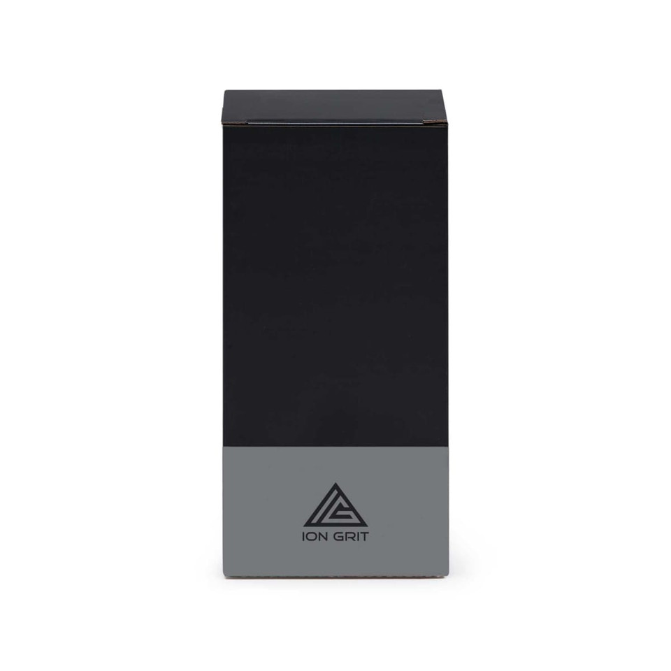 A food jar in sleek black and grey, featuring branding on the front.