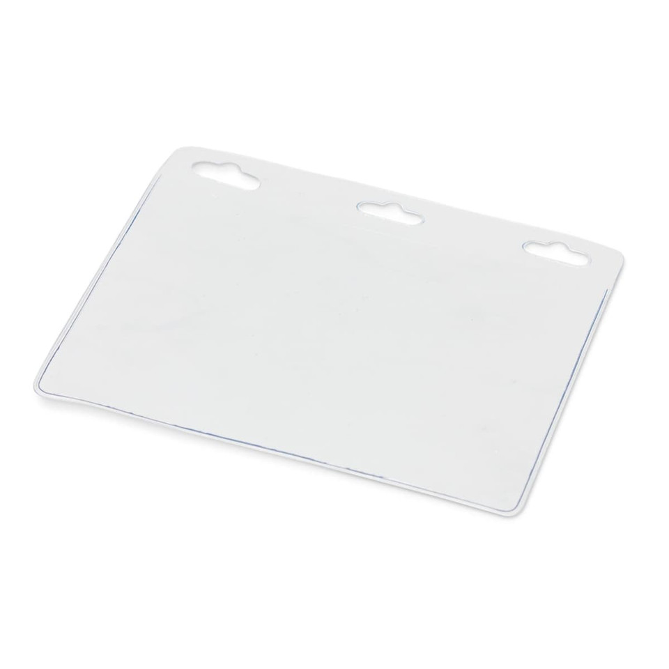 A clear vinyl ID holder featuring three top holes for attachment.