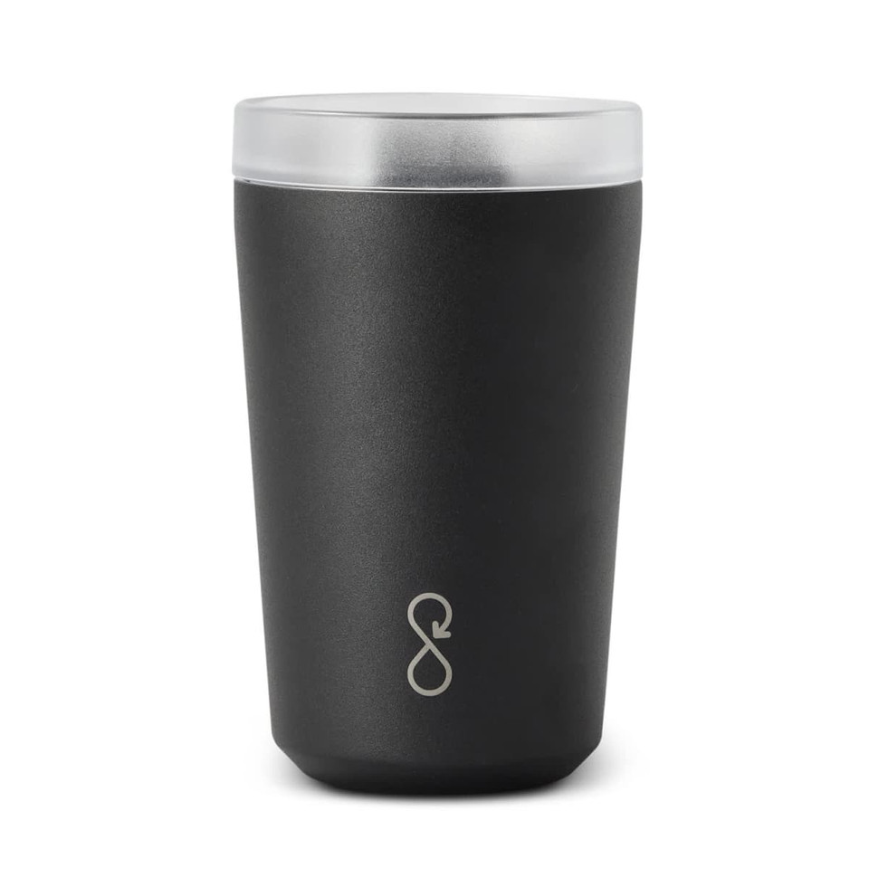 A drink bottle in matte black with a clear lid and a logo featured on the front. Ideal for hot or cold beverages.
