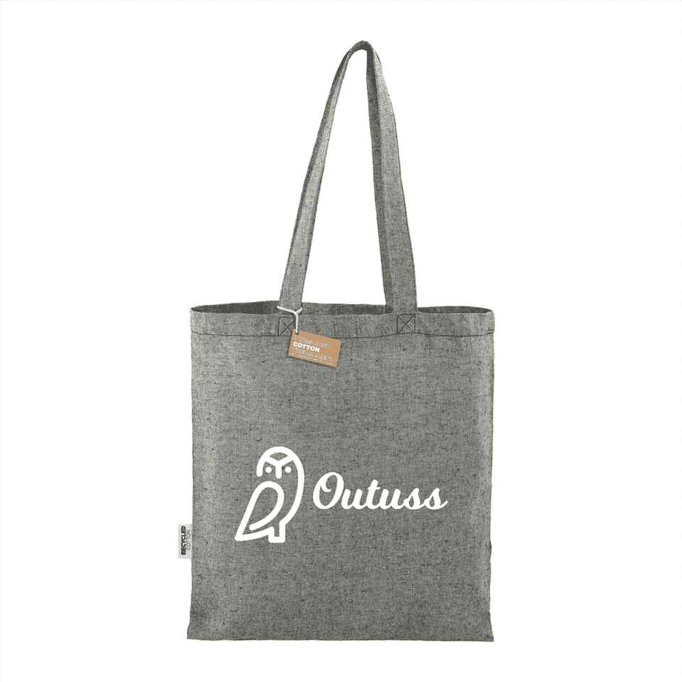 A grey recycled cotton twill tote bag with a logo and two sturdy handles.
