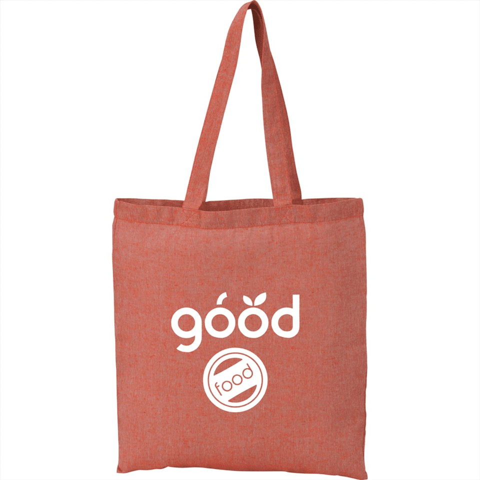 A red recycled cotton twill tote bag with a logo on the front. It features long handles for easy carrying.