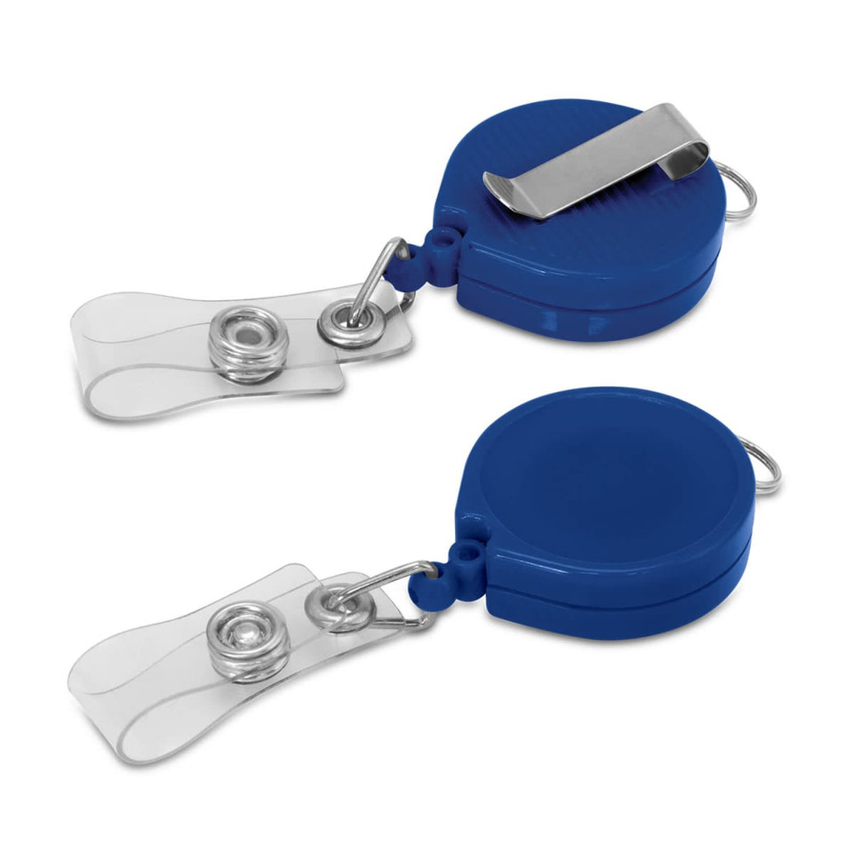 A blue retractable ID holder with a clip and a clear strap, featuring a logo on the front.