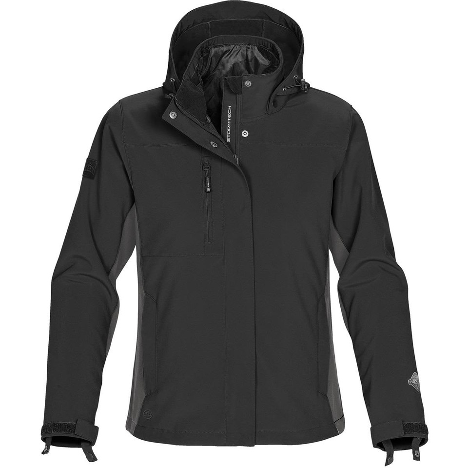 A black women's jacket with a hood, featuring a zippered pocket and adjustable cuffs. It has a logo on the sleeve.