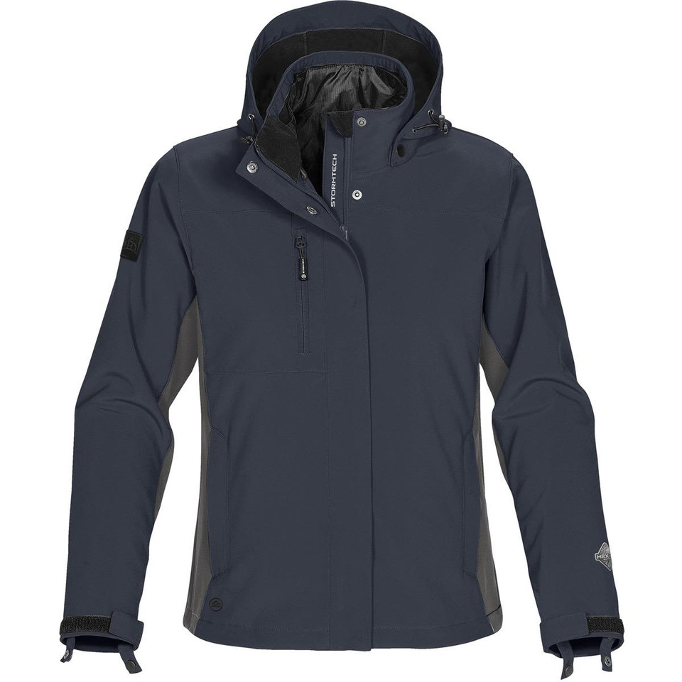 A women's 3-in-1 jacket in dark grey with a hood, features a logo on the sleeve and multiple zip pockets.