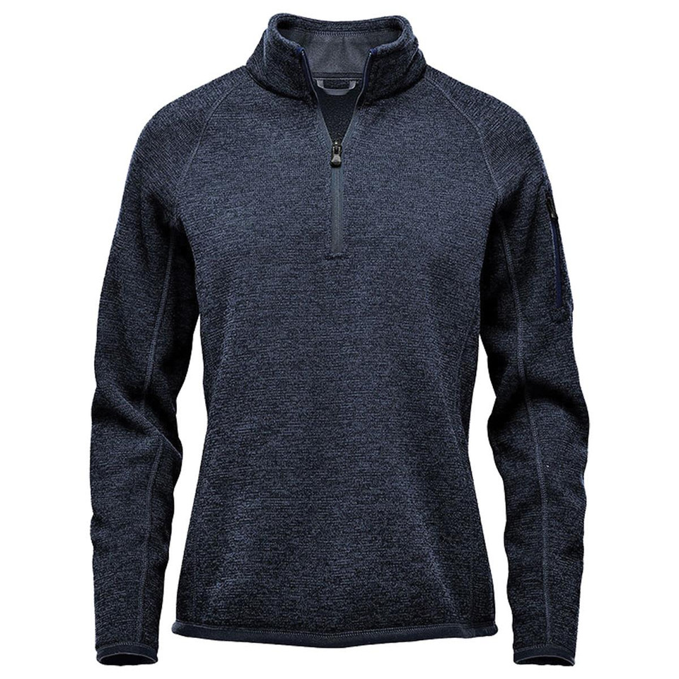 A women's 1/4 zip pullover in dark grey with a side logo detail. Suitable for casual wear.