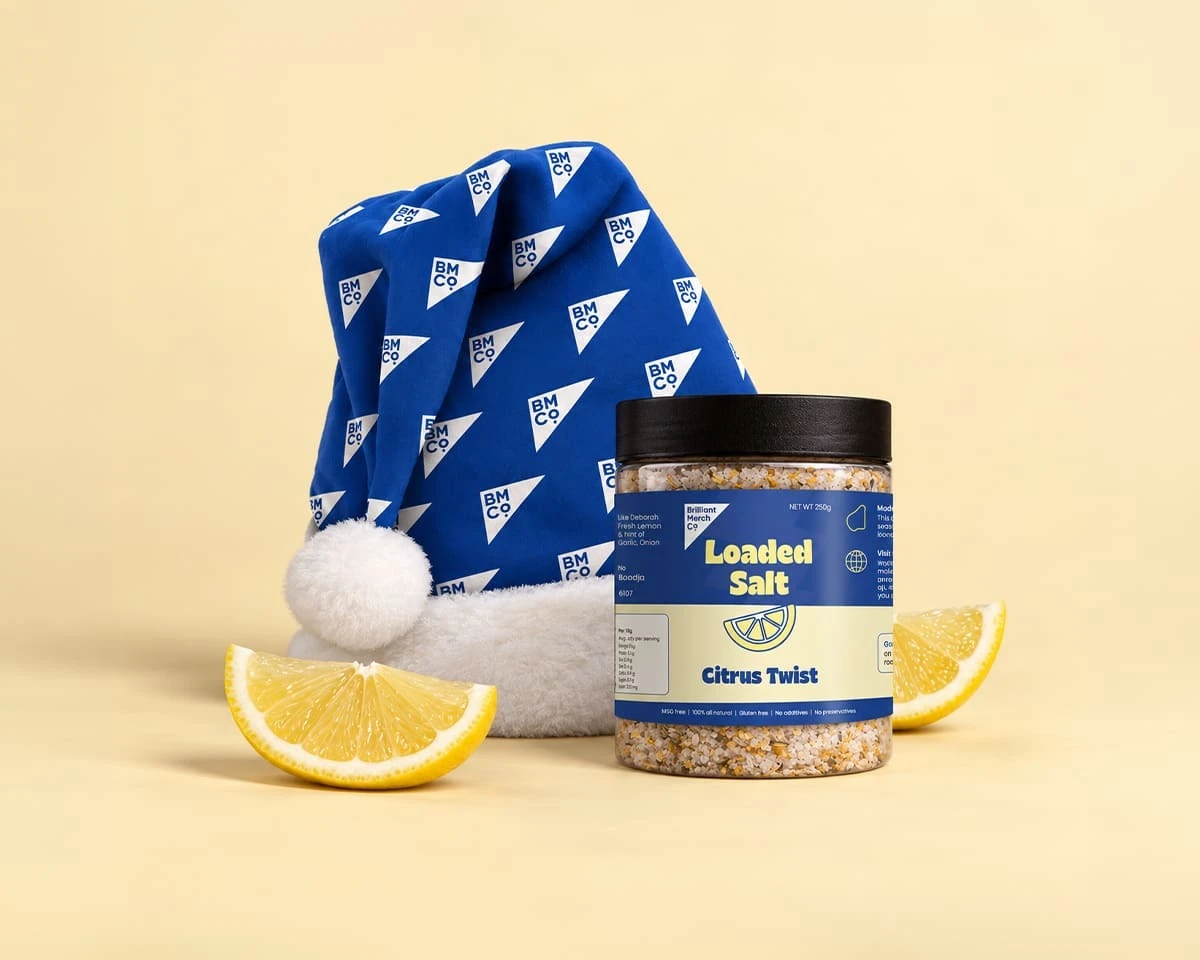 A BMCo branded citrust flavoured loaded salt and christmas hat
