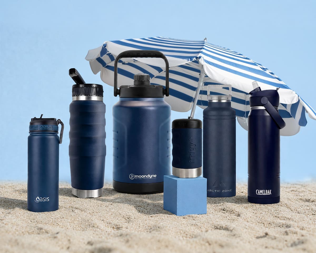 A collection of navy coloured drinkware
