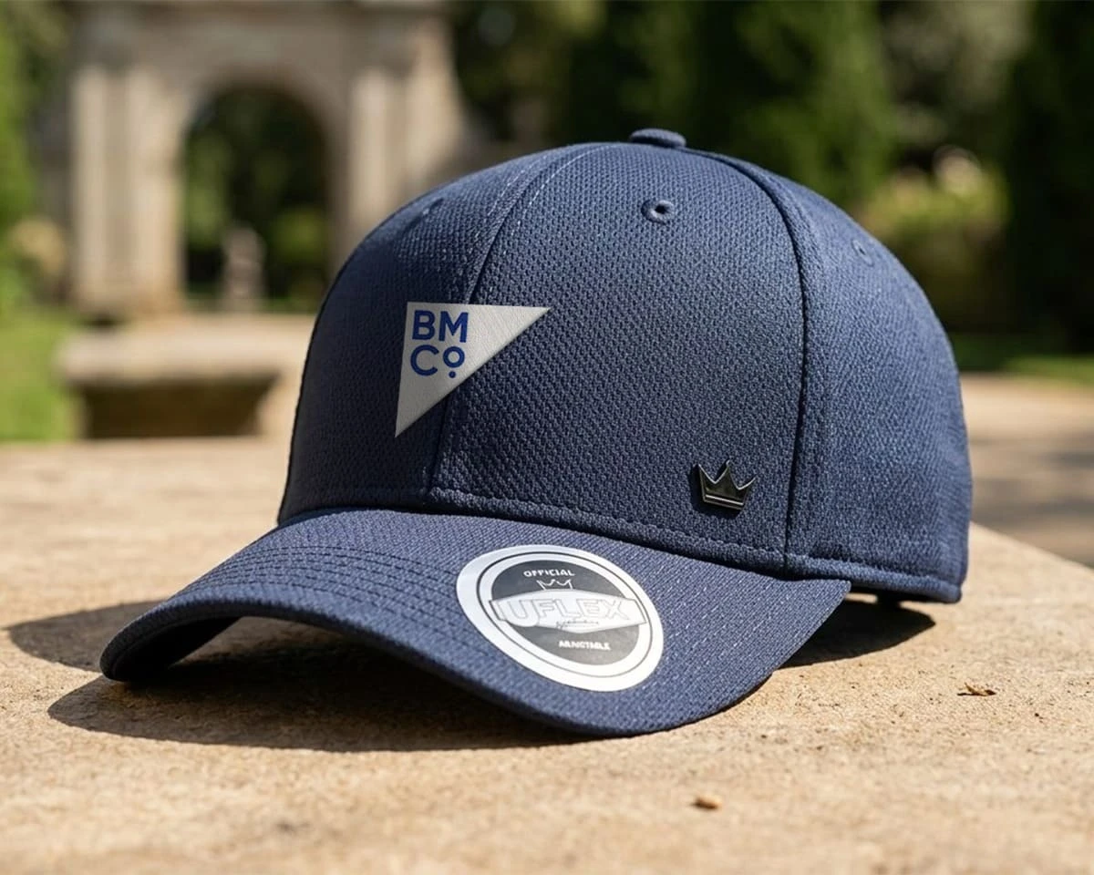 A blue Uflex cap sitting on a bench outdoors