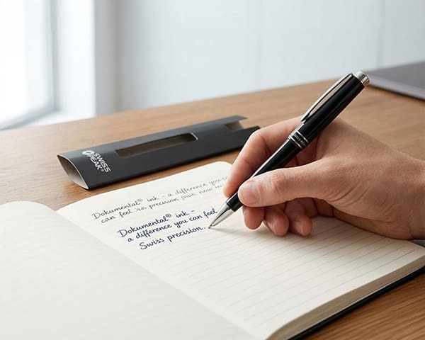 Person writing lines in a notebook with a Swiss Peak heritage ballpoint pen