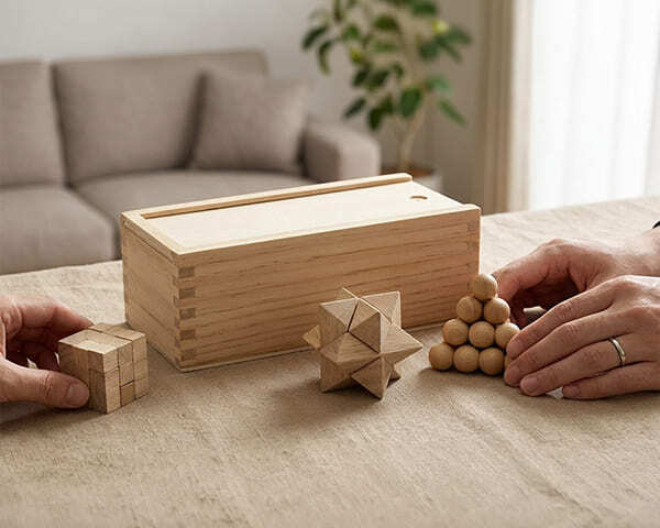 Two people playing with Braniac 3-piece wooden brain teaser set