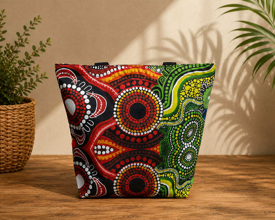 A Freycinet RPET sublimated zip closure tote bag with an indigenous design