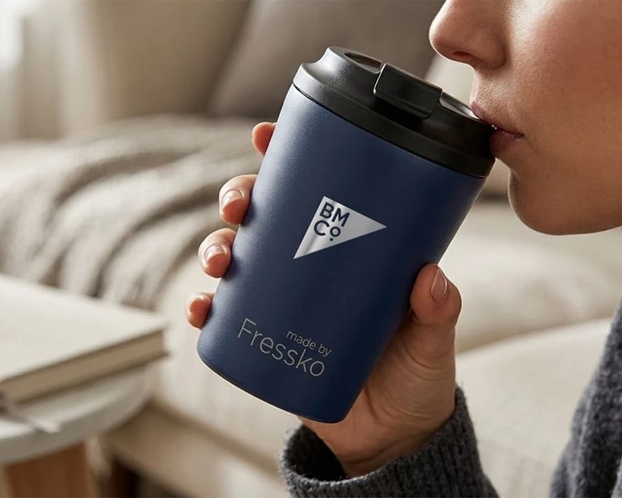 A woman drinking out of a Fressko camino 12oz 340ml reusable cup