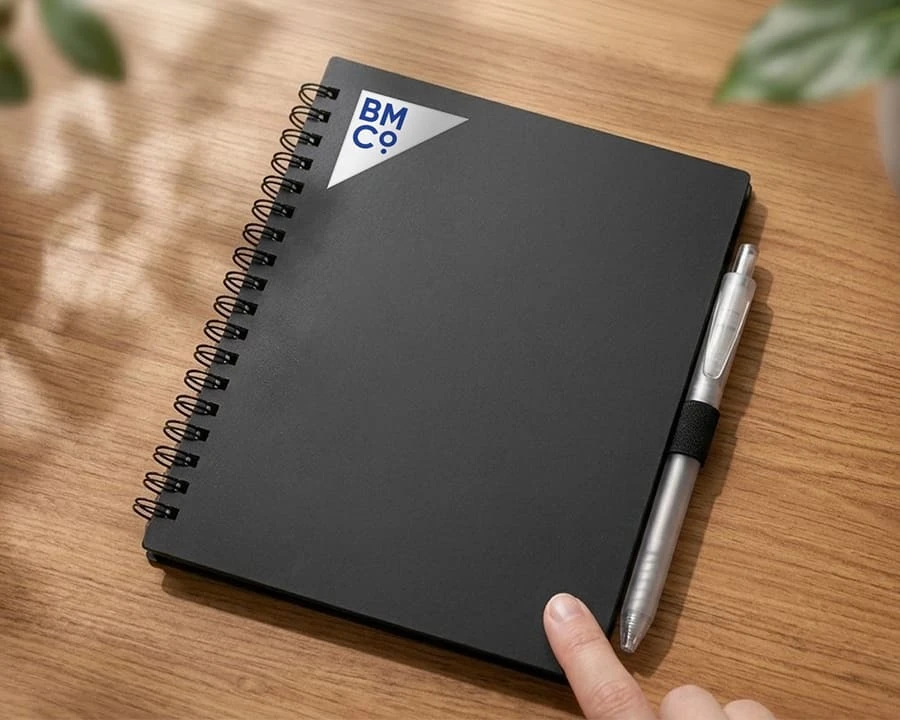 A Journalbooks niove recycled pp journalBook & pen set on a wooden desk