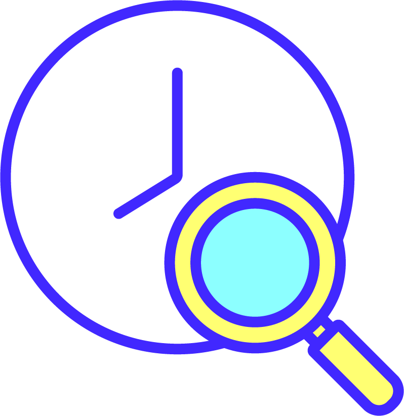 Clock with magnifying glass icon