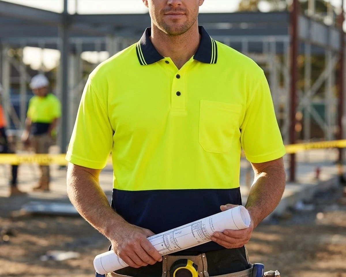 A tradesman at a construction site wearing a Bisley hi-vis polo shirt
