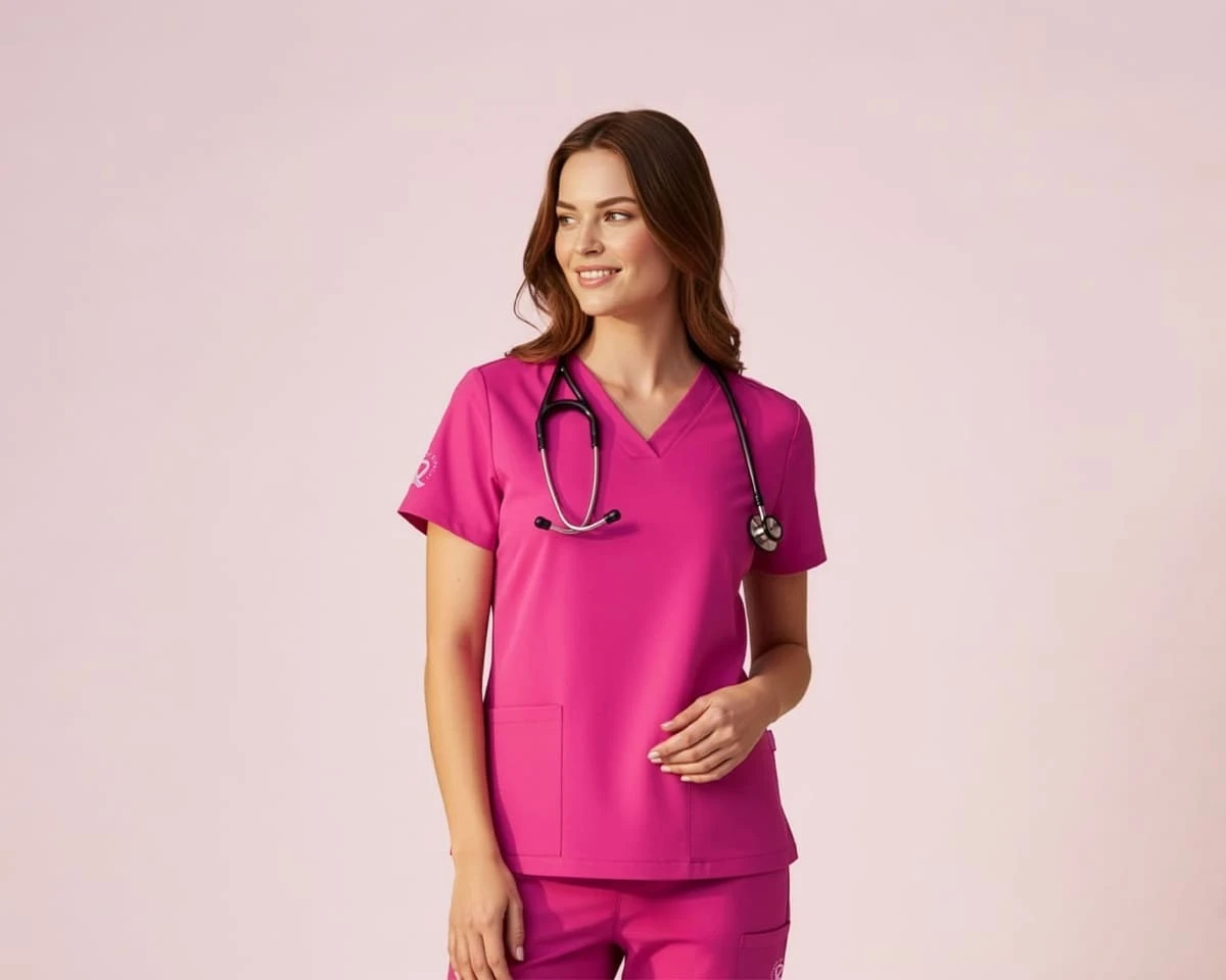 A woman wearing a pink v-neck scrub top