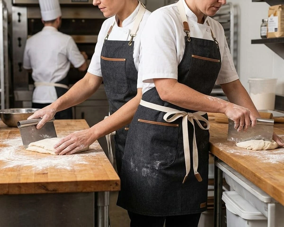 Two bakers wearing Keepsake canvas aprons