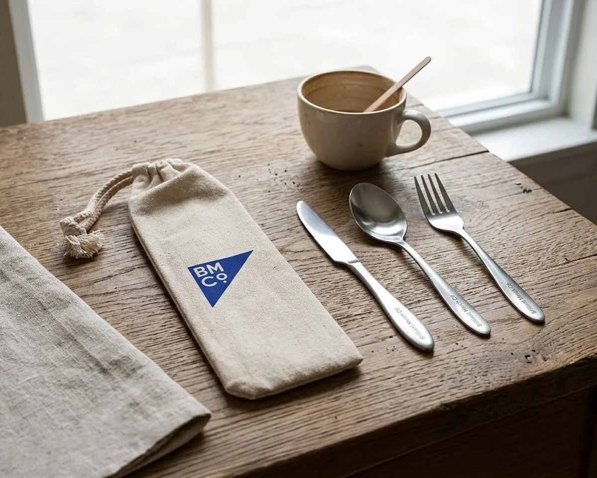 A banquet calico cutlery set on a table