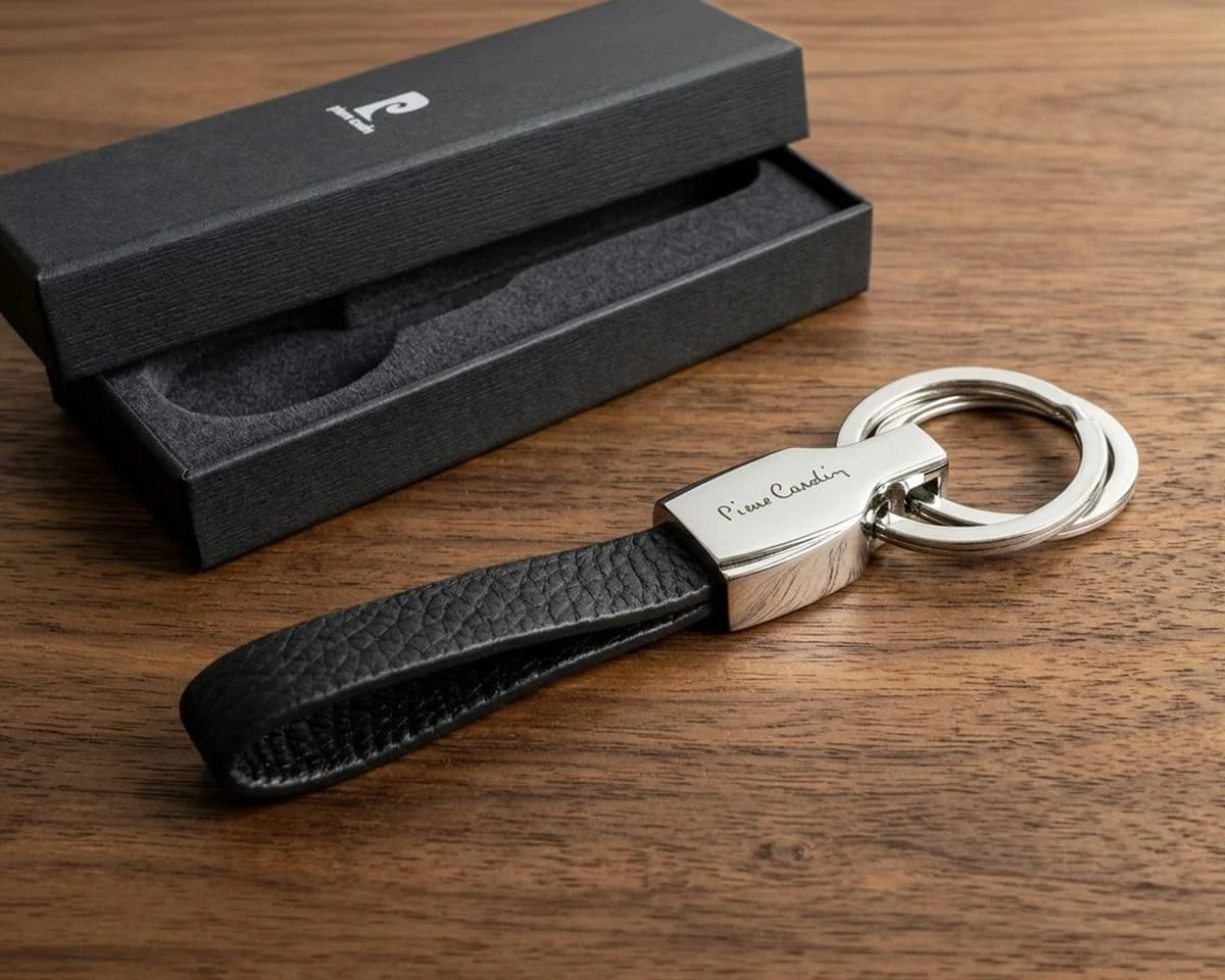 A black Pierre Cardin keychain beside its packaging