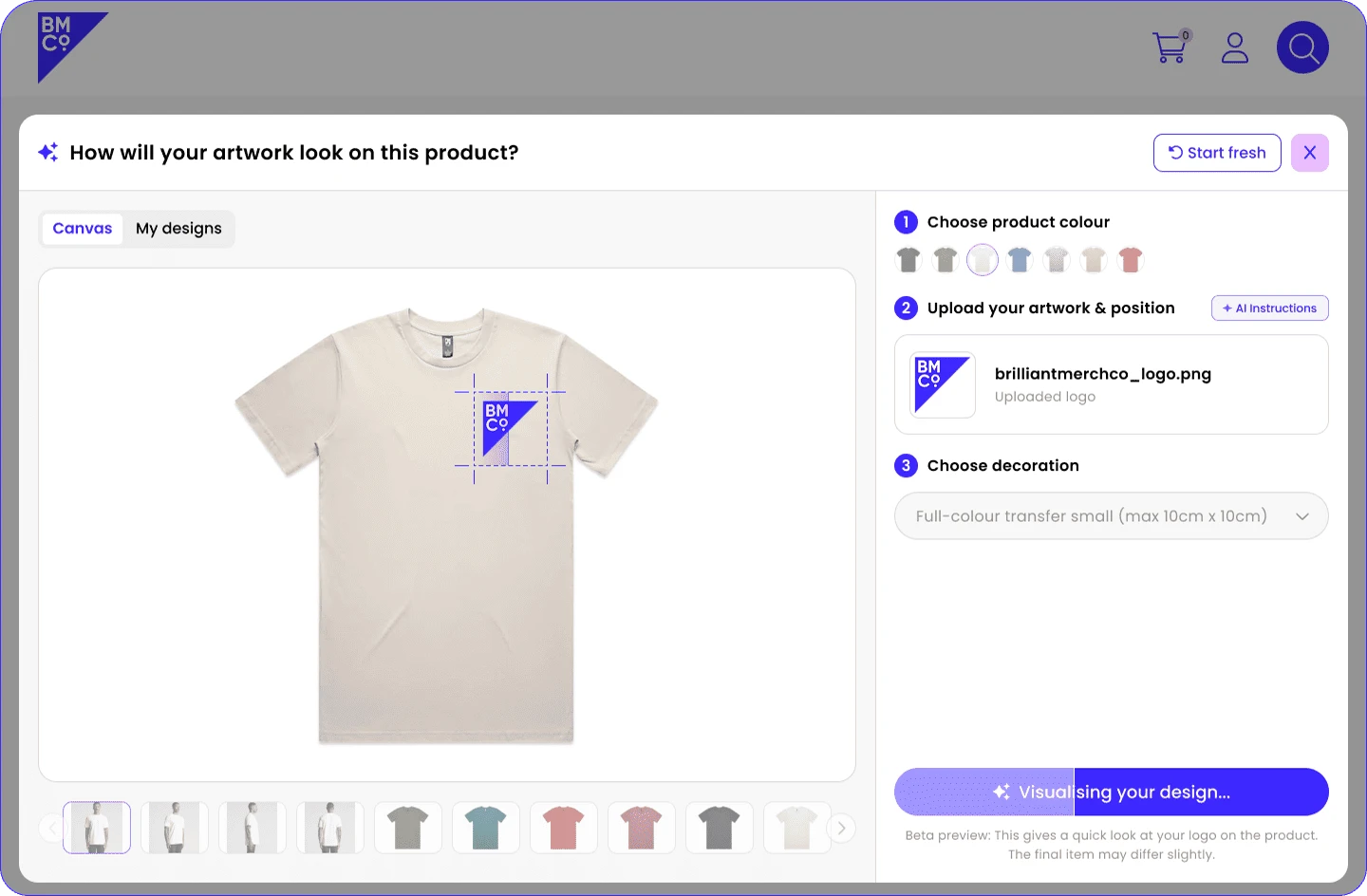 A website screen showing BMCo's AI mockup generator