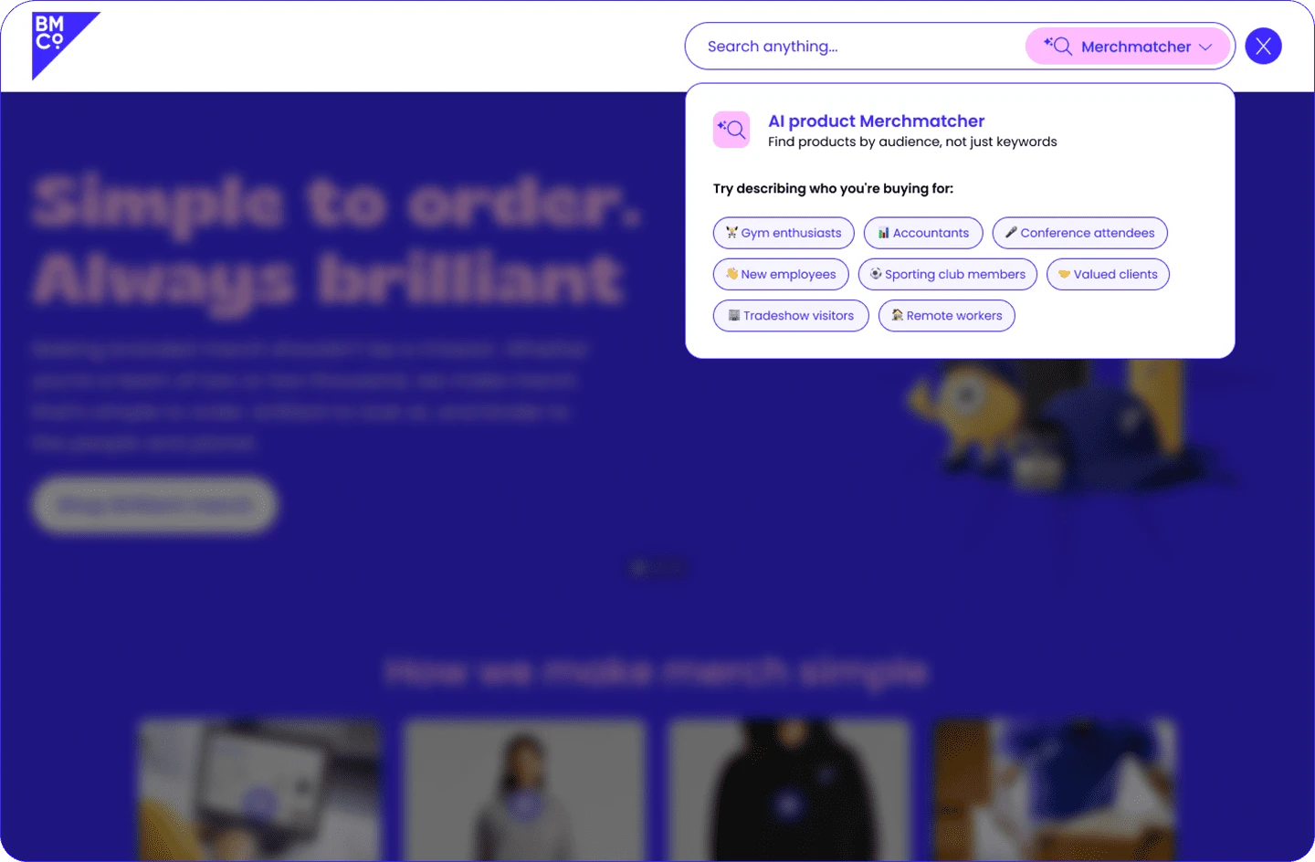 A website screen showing BMCo's AI category search function