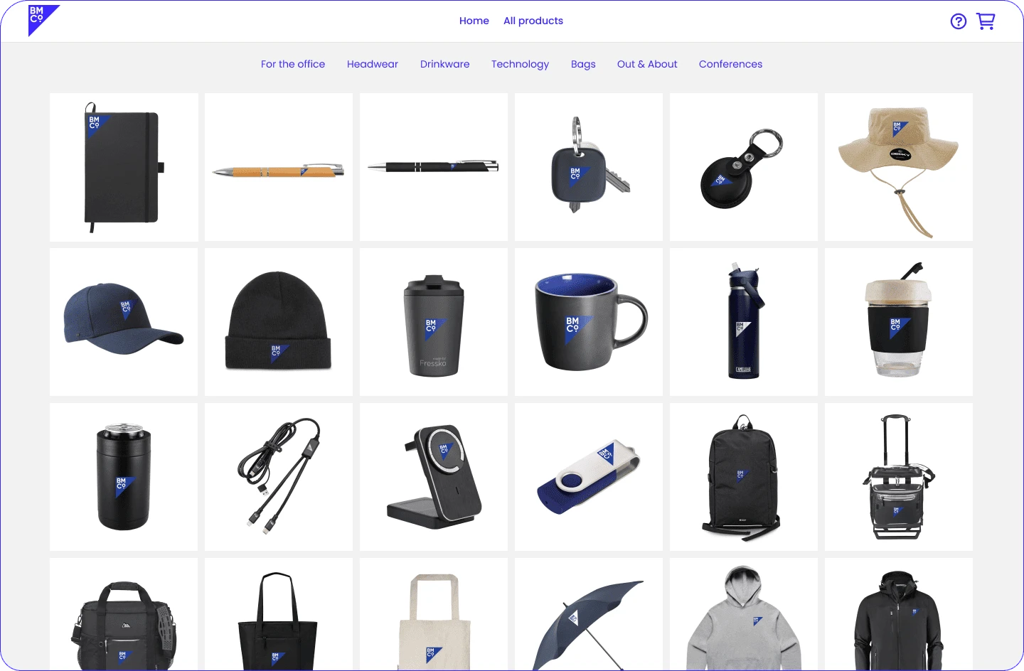 A website screen showing a BMCo online merch store