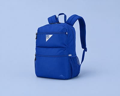 A blue High Sierra everclass backpack 24L with white embroidered Brilliant Merch Co logo