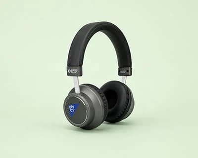 A black Swiss Peak wireless headphone v3 with Brilliant Merch Co logo