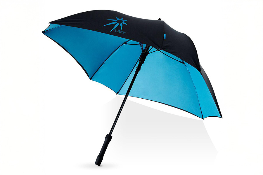 A black open umbrella with a blue inside