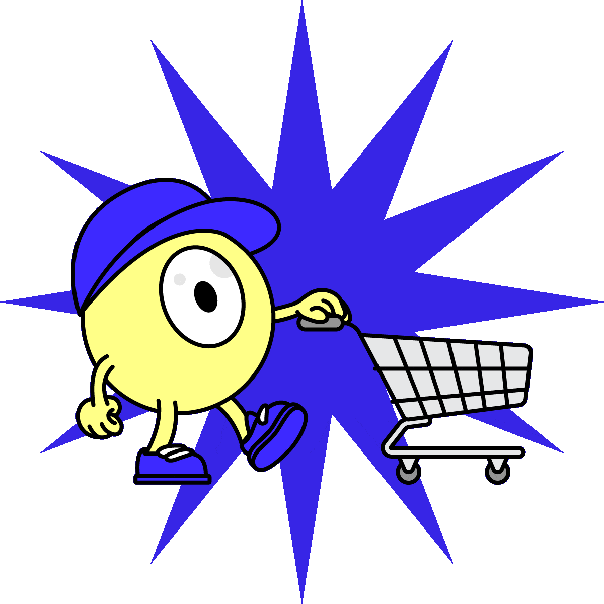 A round yellow character with one eye, pushing a shopping cart