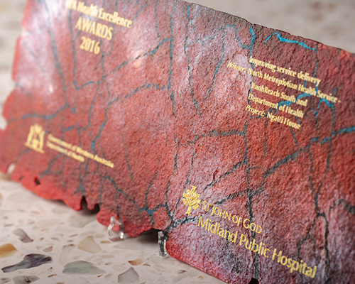 A red marble award engraved with golden text is displayed on a speckled surface