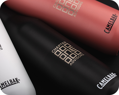 Three camelbak bottles are displayed diagonally, branded as chapter one advisors