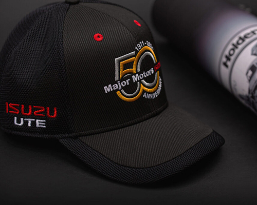 close-up of a branded black hat