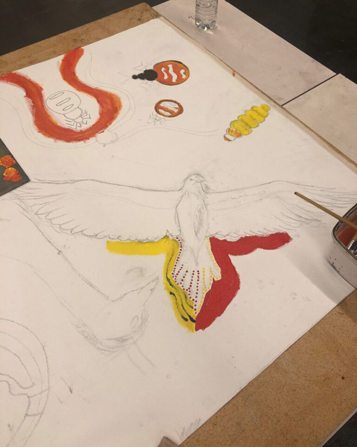 Close-up of indigenous artwork in progress
