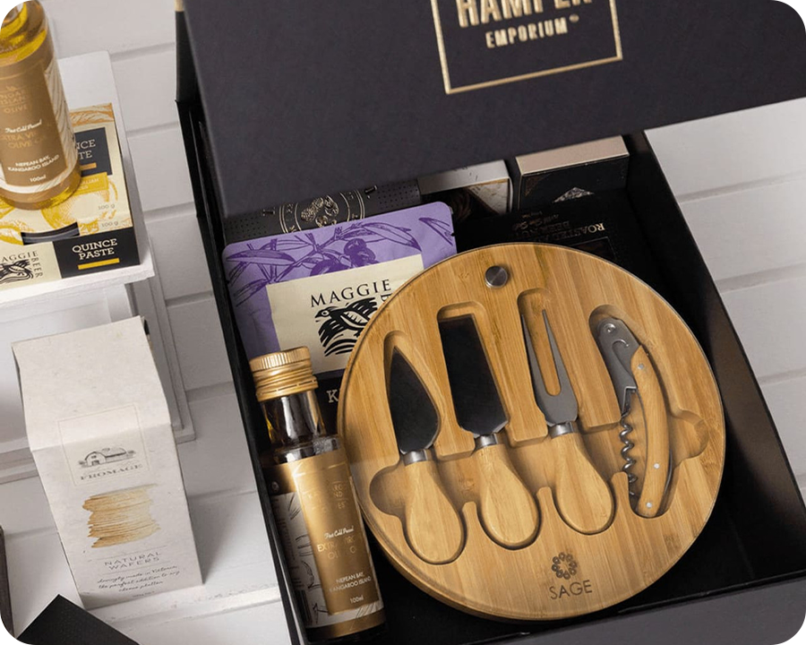 Close-up of the contents inside a christmas hamper box