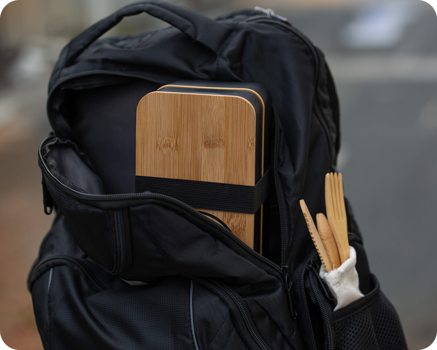 Black backpack with sustainable merchandise