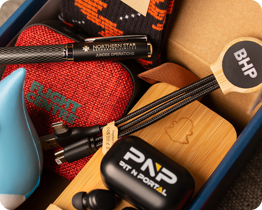 Close-up image of merch in a box
