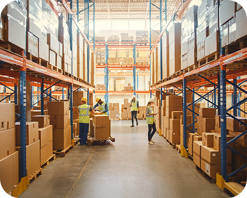 A busy warehouse with workers in safety vests organising large cardboard boxes on high metal shelves