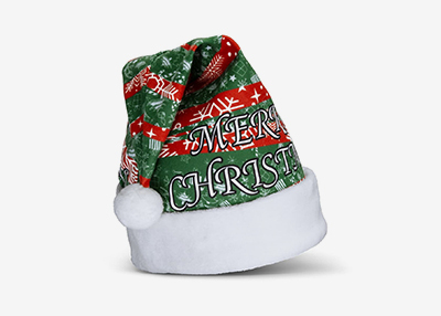 Festive Santa hat with green, red, and white Christmas patterns
