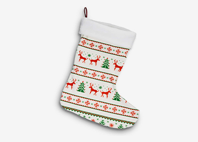 Christmas stocking with festive patterns featuring red reindeer, green trees, and snowflakes