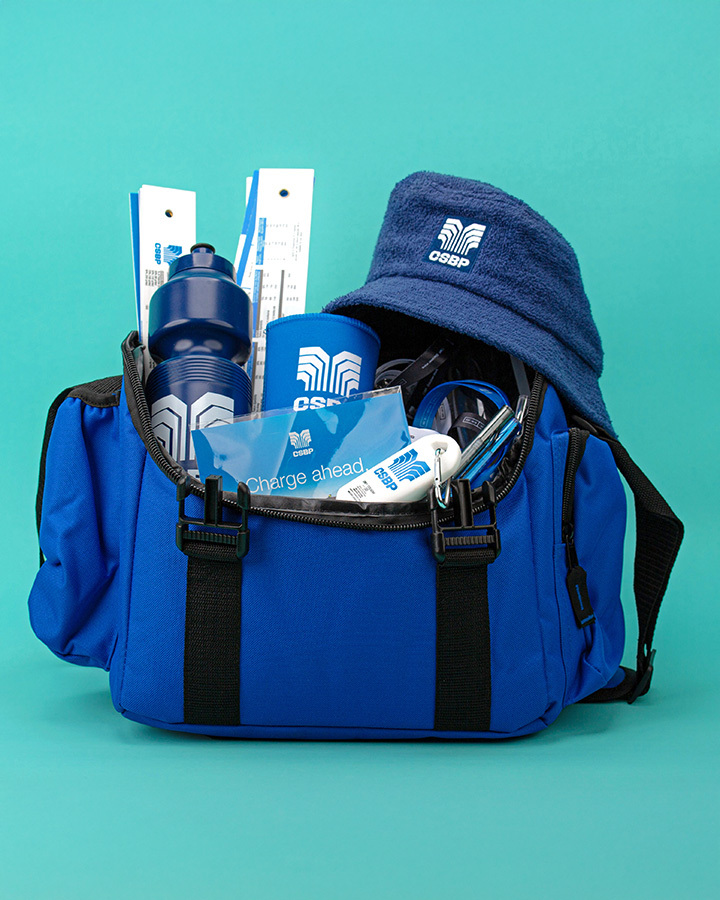 A bag filled with csbp branded merchandise
