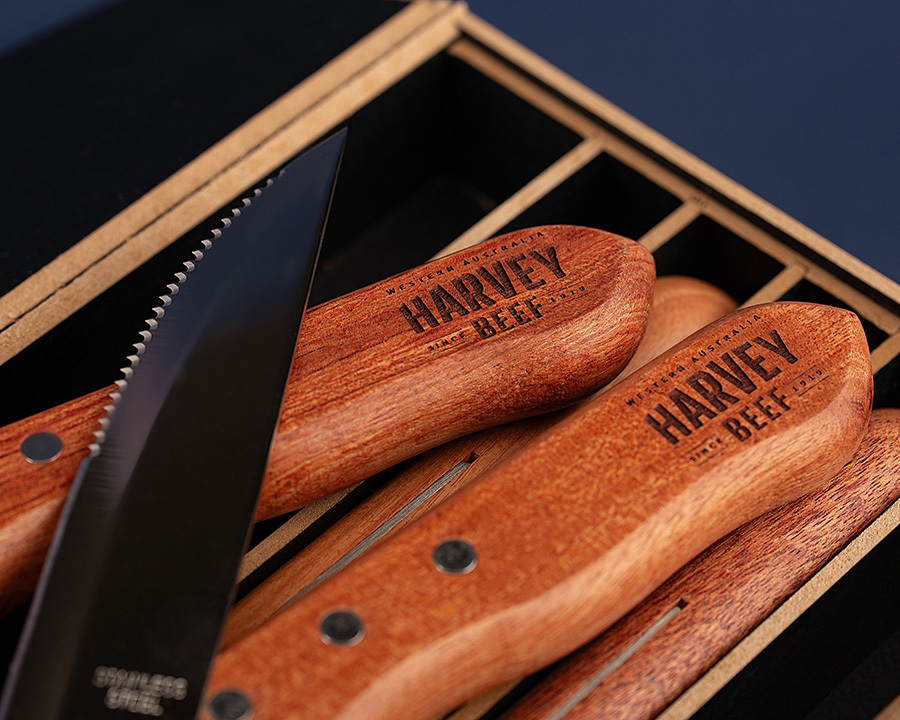 A close-up of harvey beef branded knives